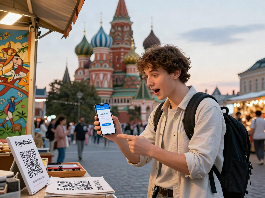 Explorador utilizando la aplicación https://payinrussia.com/ en un mercado cultural de Rusia.