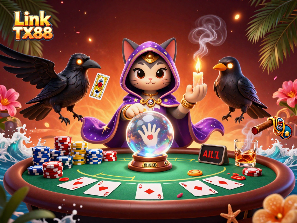 Engage in thrilling action with Link TX88 at a vibrant 3D casino scene showcasing mystical characters.