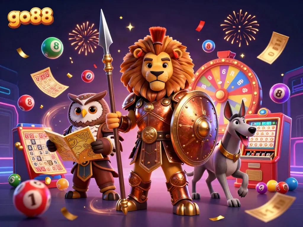 Engage with the dynamic world of go88 casino through a vibrant 3D illustration, featuring a Spartan lion and exciting game elements.