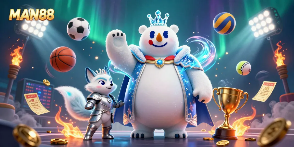 Experience thrilling sports betting with MAN88 featuring animated characters and vibrant casino elements.