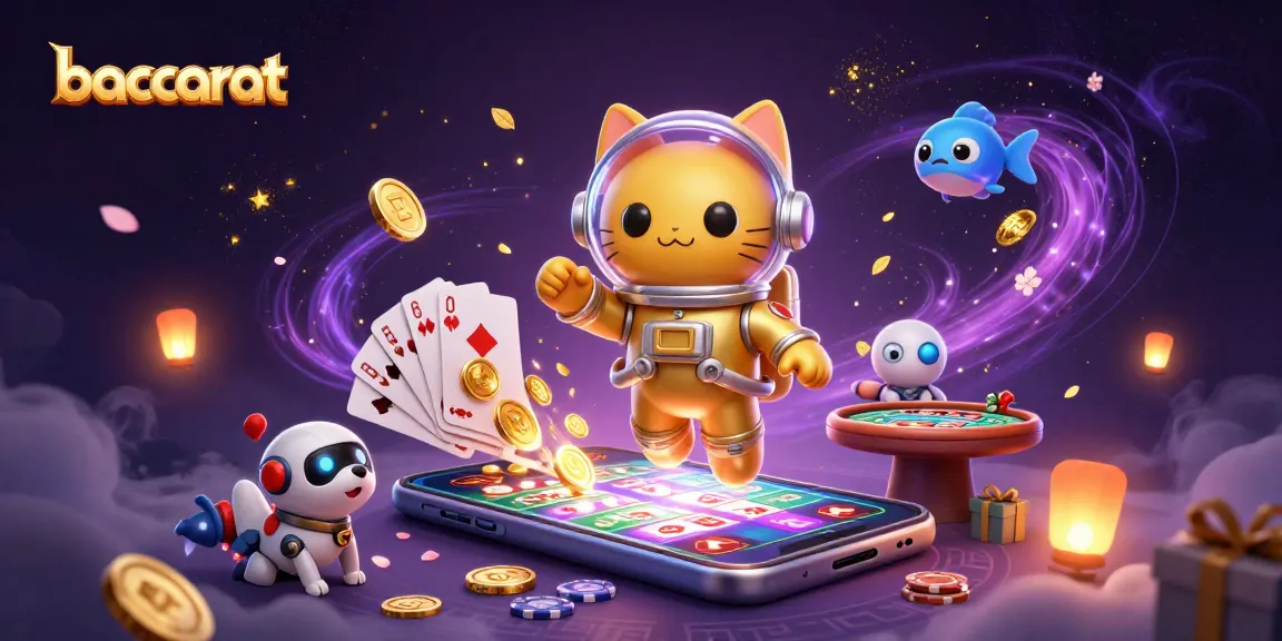 Baccarat game scene showcasing a golden-suited astronaut cat, robot dog, and alien fish, surrounded by vibrant gambling elements.