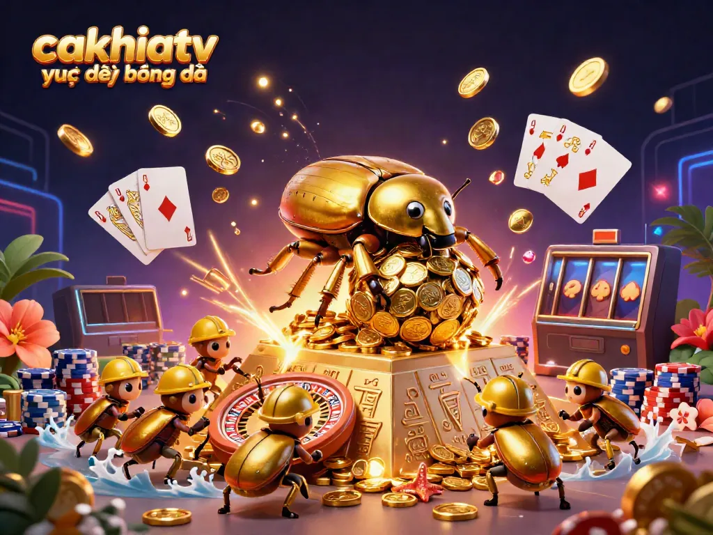 Experience cakhiatv trực tiếp bóng đá with dynamic casino elements and a rich scene of gold coins and artistic design.