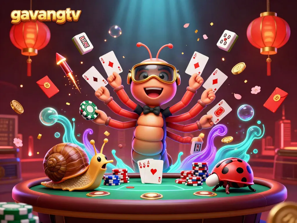 Experience thrilling poker action with gavangtv's animated millipede dealer and vibrant casino ambiance.