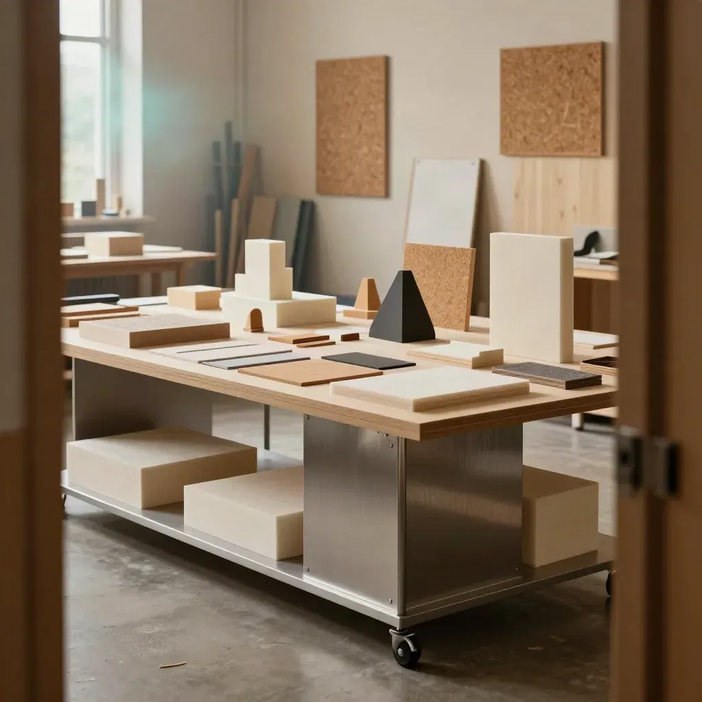 Innovationsrum med prototypställ, materialprover och workshopytor i mjukt dagsljus.