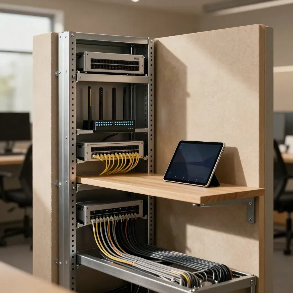 Tyst digital operationshörna med rack, kablar, surfplatta och små statusljus i mjukt dagsljus.