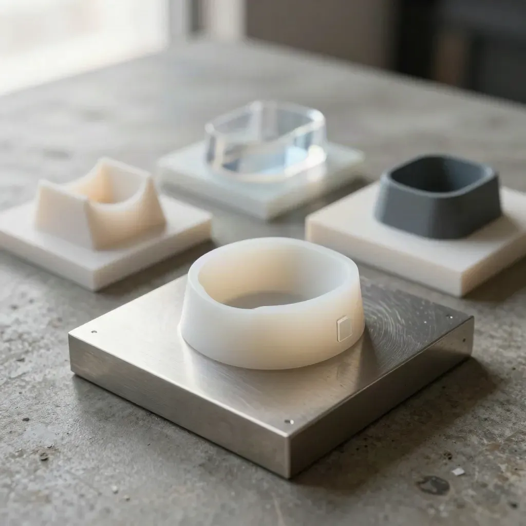 Valt startupkoncept på piedestal med tre utvalda varianter i en liten prototypstudio.