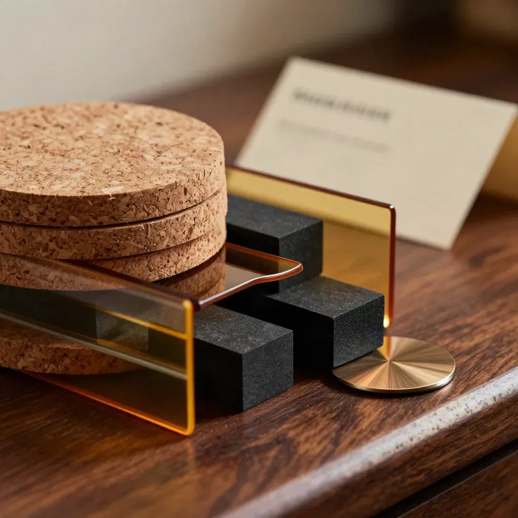 Makronärbild av innovationsstrategens kit med korkskivor, konceptblock och bärnstensark på mörkt trä.