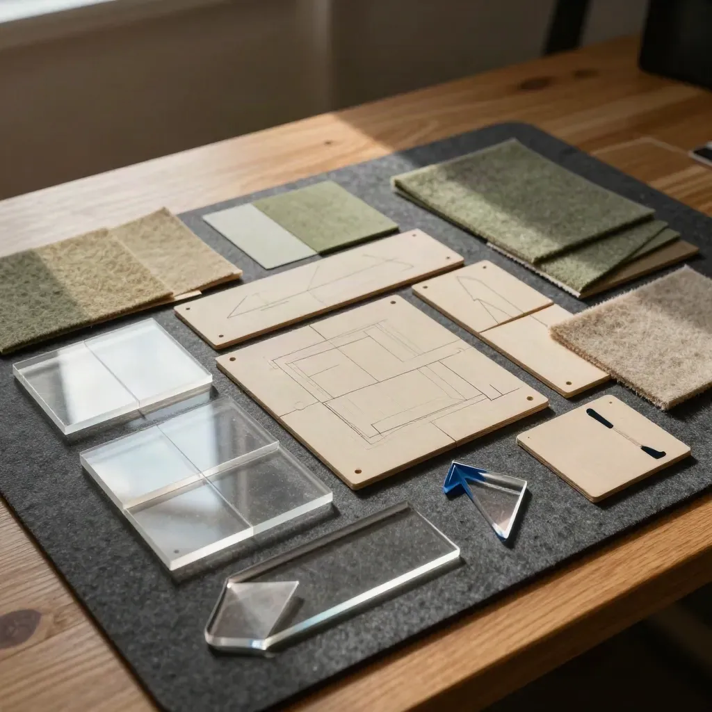 Service design-kit med transparenta tiles, filt och akrylpilar i skarpt sidoljus