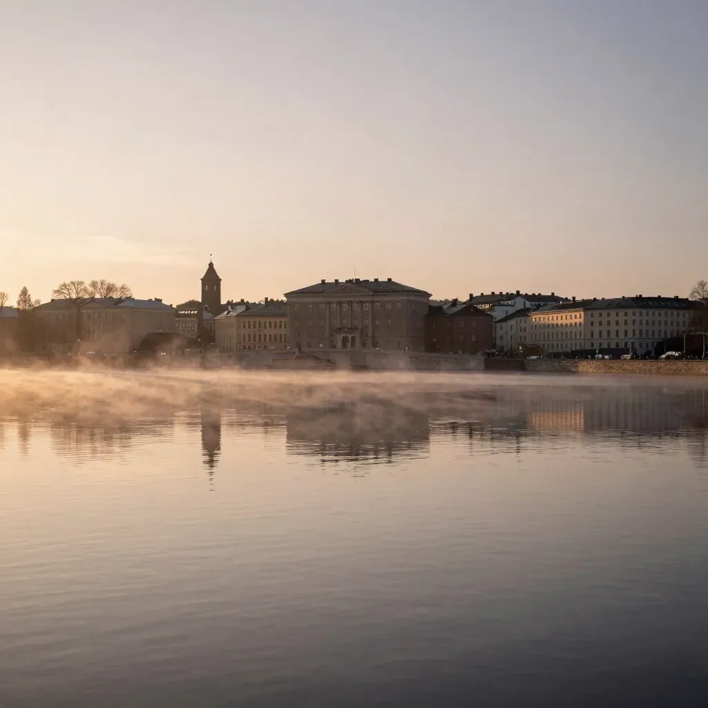 Stadshusets silhuett över Riddarfjärden i gryning, med lugn dimma och spegelblankt vatten.