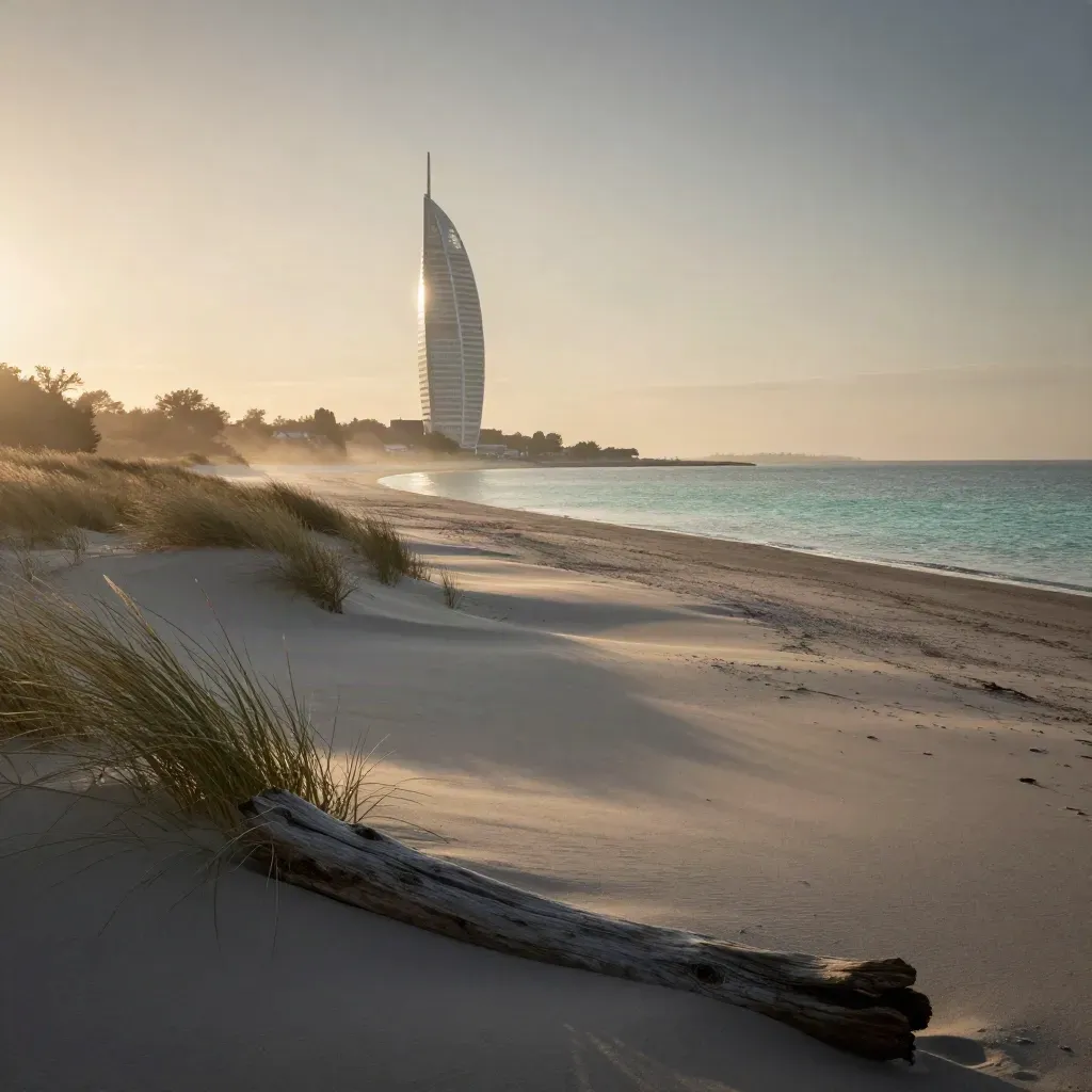 Skånes kust i gyllene timme med Turning Torso högt i bilden och mjuk dimma över sanden.