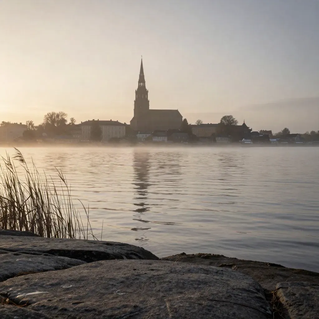 Uppsala domkyrka högt över stilla vatten i Mälardalens kvällsdimma