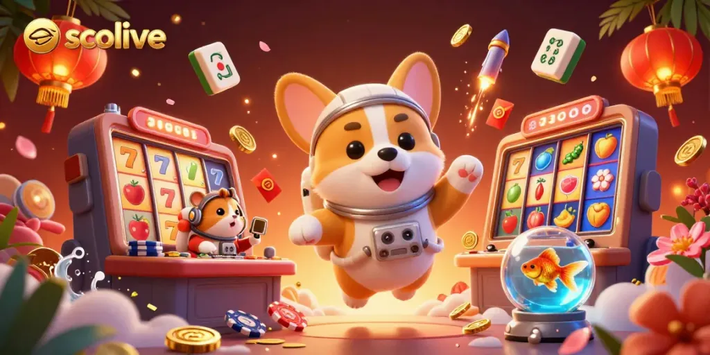 Socolive offers a thrilling casino experience with a playful 3D astronaut corgi amidst vibrant gaming symbols.