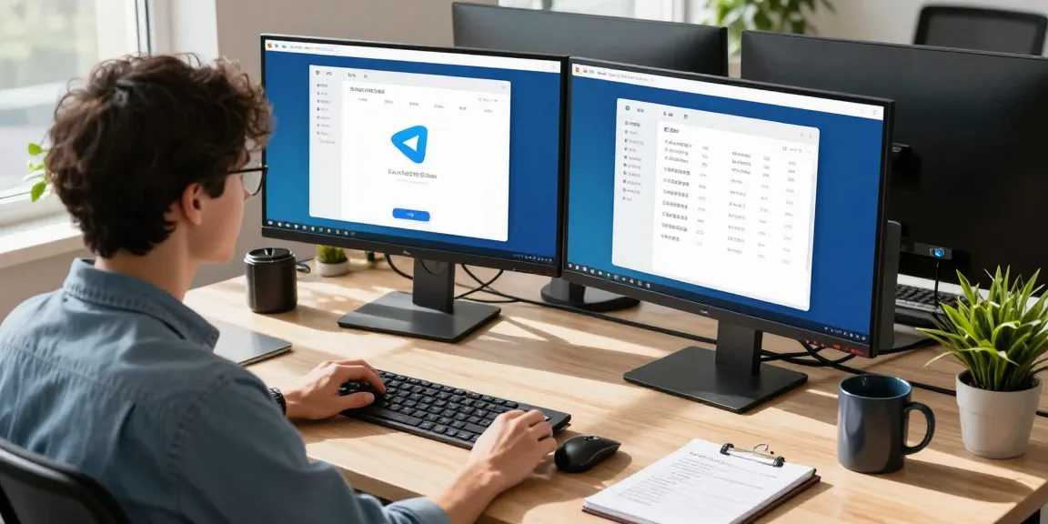 Explore Telegram Chinese settings at a modern desk with dual monitors and tech gadgets.