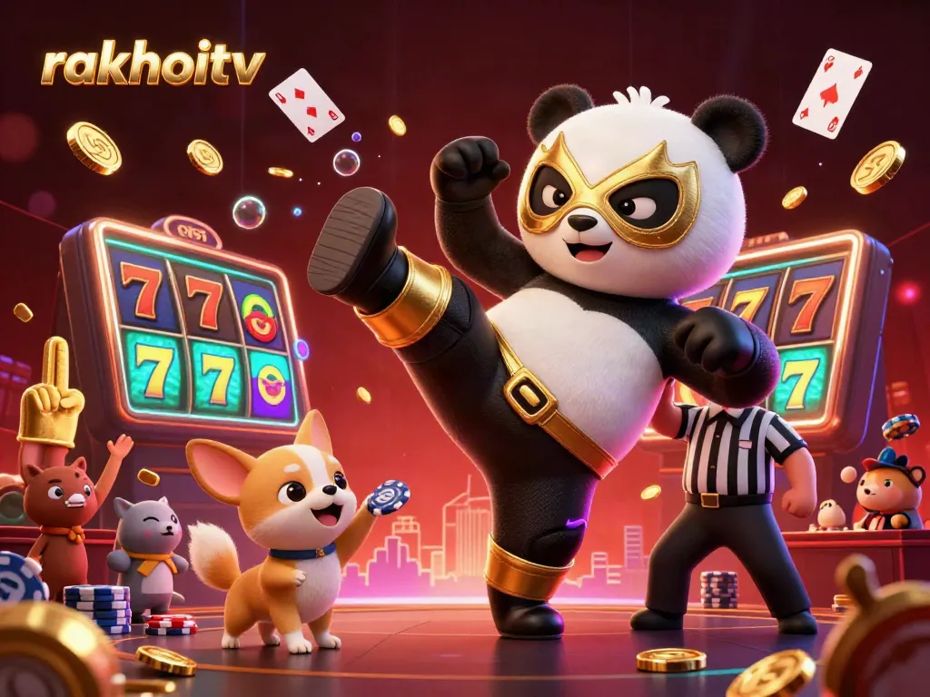 Engage with rakhoitv as lively mascot characters celebrate sports betting wins in a vibrant casino scene.