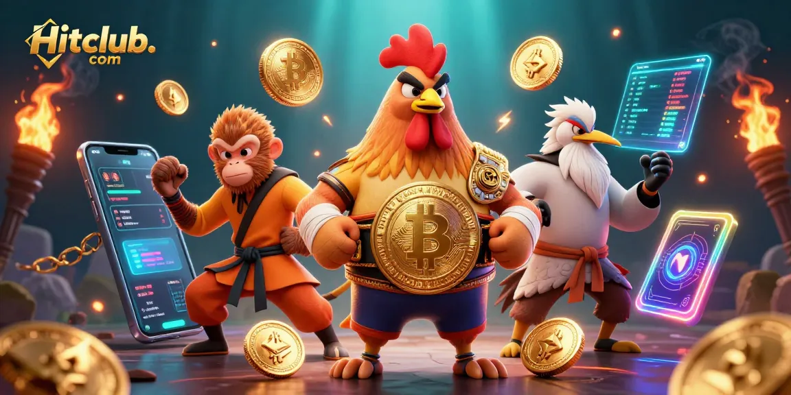 Engage with Hitclub. com in a vibrant casino scene showcasing unique characters and crypto elements.