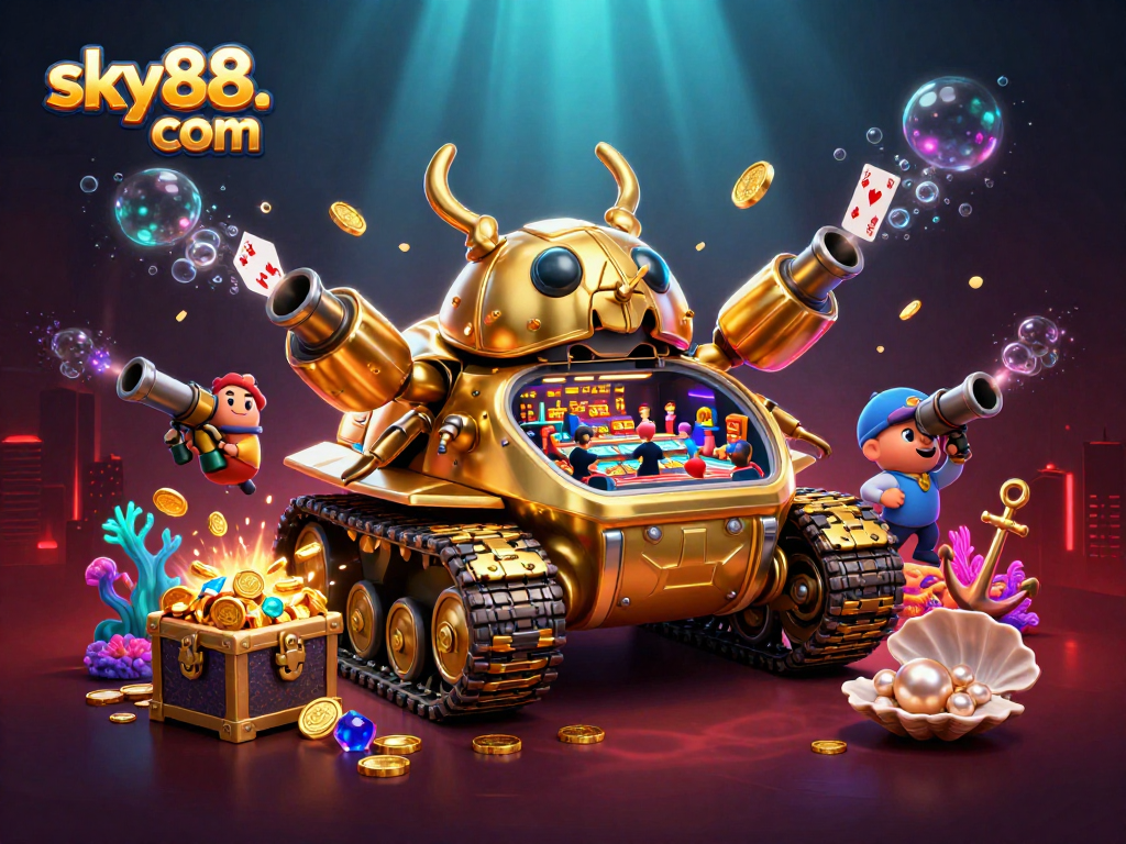 Experience thrilling gaming at sky88. com with a vibrant casino-inspired underwater adventure illustration.