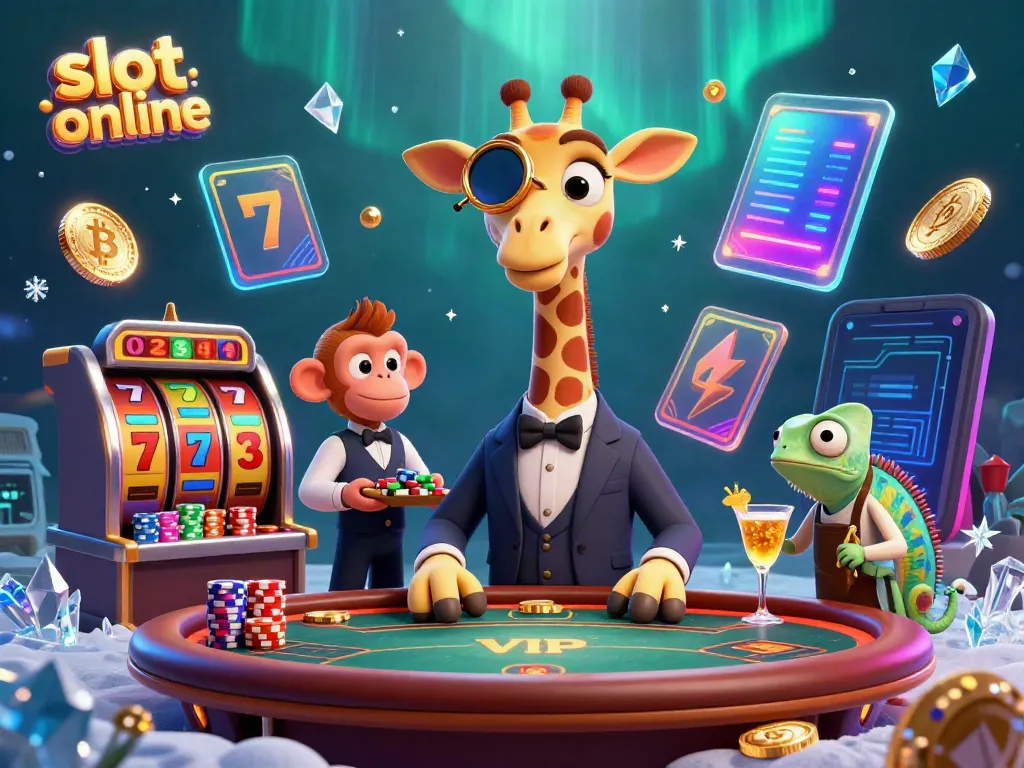 Experience thrilling slot online gameplay with a vivid scene of a high-roller giraffe and a monkey valet among 3D casino elements.