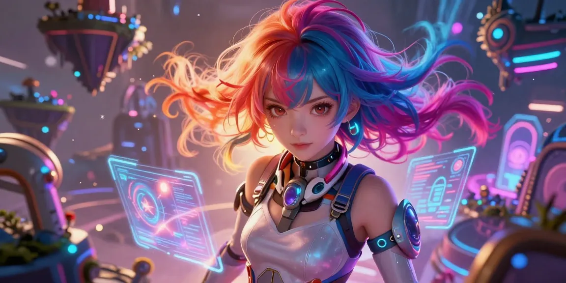 AI hentai character in a vivid digital landscape with neon lights.