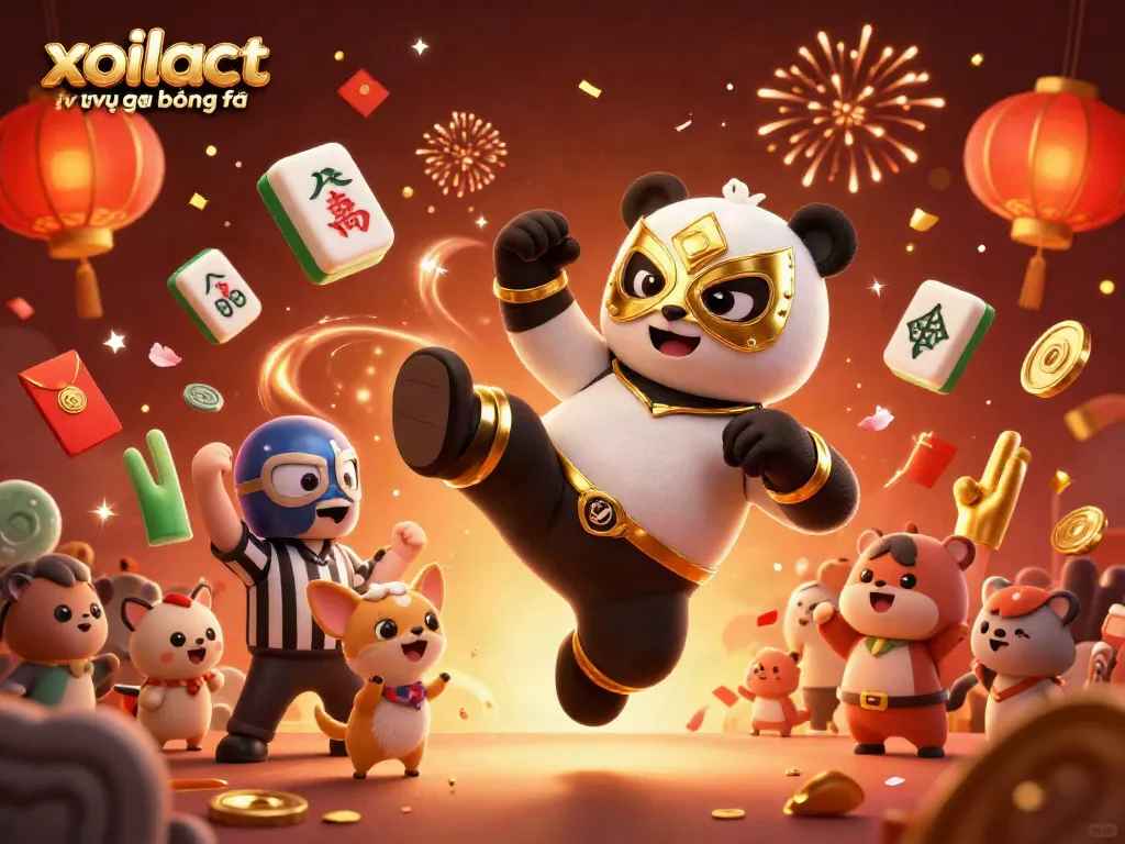 Xoilac TV trực tiếp bóng đá features dynamic cartoon wrestling with festive casino elements in a rich atmosphere.
